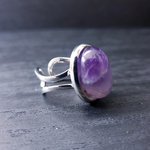 Amethyst Gemstone Silver Plated Cuff Ring, Adjustable Boho Jewelry - Image 3