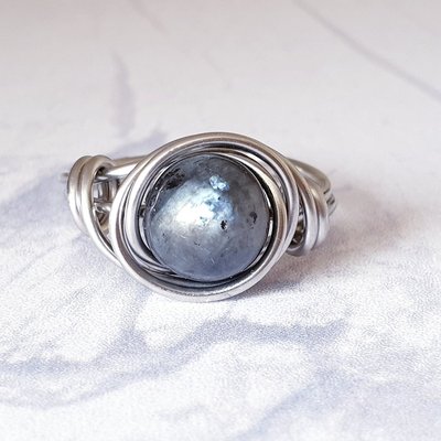 Black Moonstone Stacking Ring, Wire Wrapped, Hypoallergenic Stainless Steel, Handmade Jewellery