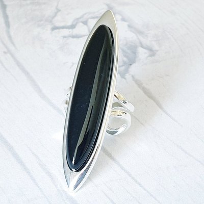 Black Onyx Cuff Ring, Adjustable, Silver Plated, Statement Jewelry, Root Chakra