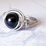 Black Onyx Stacking Ring, Wire Wrapped, Hypoallergenic Stainless Steel,  Handmade Jewellery - Image 2