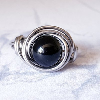 Black Onyx Stacking Ring, Wire Wrapped, Hypoallergenic Stainless Steel,  Handmade Jewellery