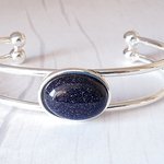 Blue Goldstone Adjustable Cuff Bangle: Celestial Gift for Her, Birthday, Christmas, Prom Jewelry