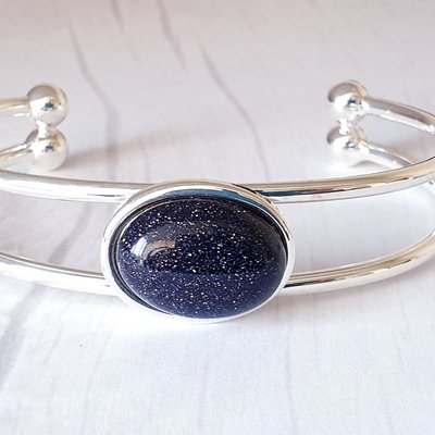 Blue Goldstone Adjustable Cuff Bangle: Celestial Gift for Her, Birthday, Christmas, Prom Jewelry