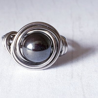 Hematite Stacking Ring, Wire Wrapped Ring, Hypoallergenic Stainless Steel, Handmade Jewellery