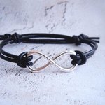 Infinity Bracelet, Black Leather, Adjustable, Relationship Jewelry, Love Symbol