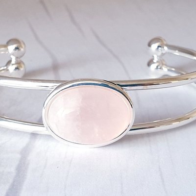 Rose Quartz Adjustable Cuff Bangle – Healing Crystal Bracelet for Her