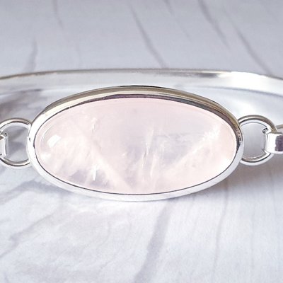 Rose Quartz Bangle, Silver Plated Bracelet, Chakra Gemstone Jewelry