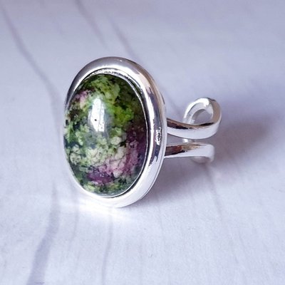 Ruby Zoisite Adjustable Ring, Oval Cabochon Statement Jewelry, Silver Plated, Healing Gemstone Gift