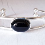 Silver Torque Bangle Bracelet with Black Onyx Gemstone, Boho Style Jewelry, Adjustable Cuff