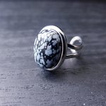 Snowflake Obsidian Adjustable Ring, Silver Plated Boho Jewelry, Open Cuff Design