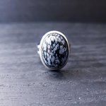 Snowflake Obsidian Adjustable Ring, Silver Plated Boho Jewelry, Open Cuff Design - Image 3