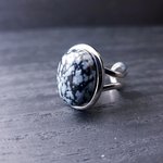 Snowflake Obsidian Adjustable Ring, Silver Plated Boho Jewelry, Open Cuff Design - Image 2