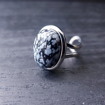 Snowflake Obsidian Adjustable Ring, Silver Plated Boho Jewelry, Open Cuff Design