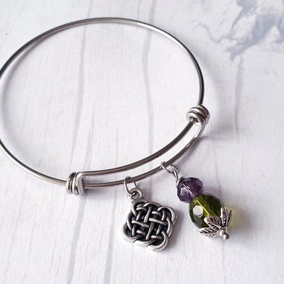 Stainless Steel Thistle Bangle Bracelet, Celtic Knot Charm, Scottish Jewelry, Adjustable