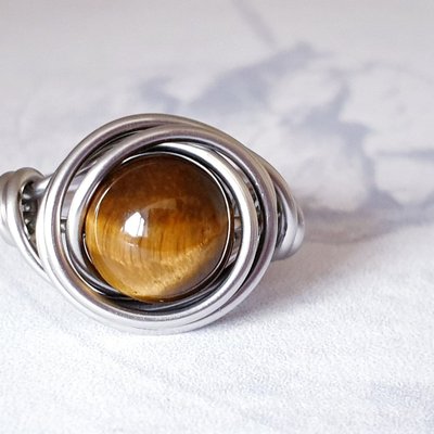 Tigers Eye Stacking Ring, Wire Wrapped, Hypoallergenic Stainless Steel, Handmade Jewellery